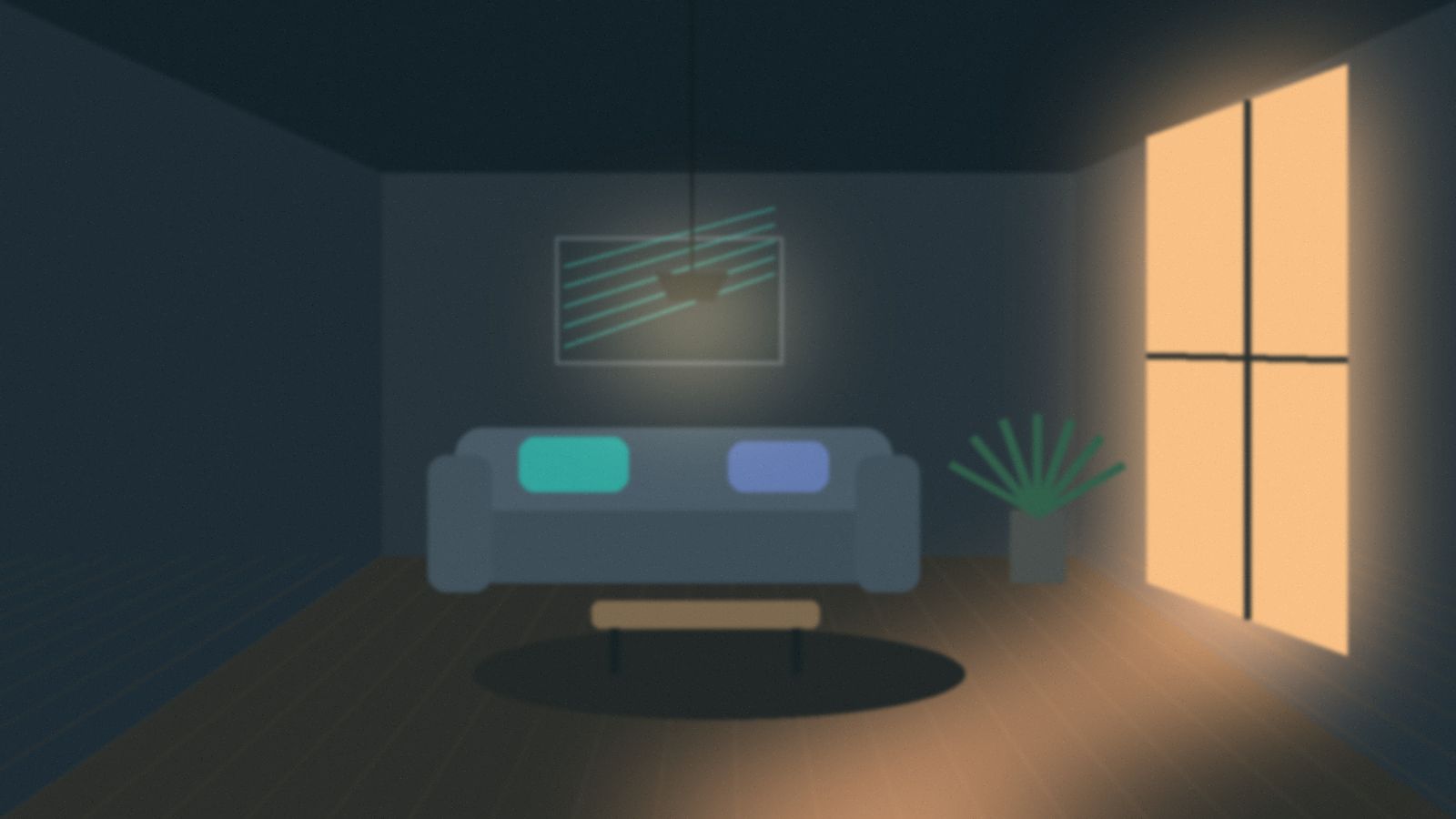 Dim 3D-rendered living room lit by a tall window at dusk